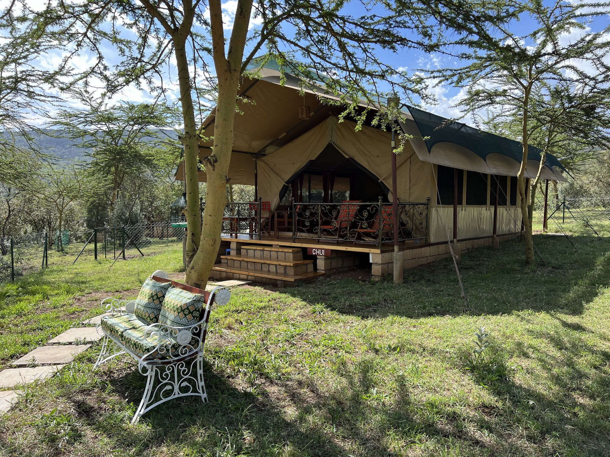 Safari tent with its wooden veranda set beneath acacia trees
