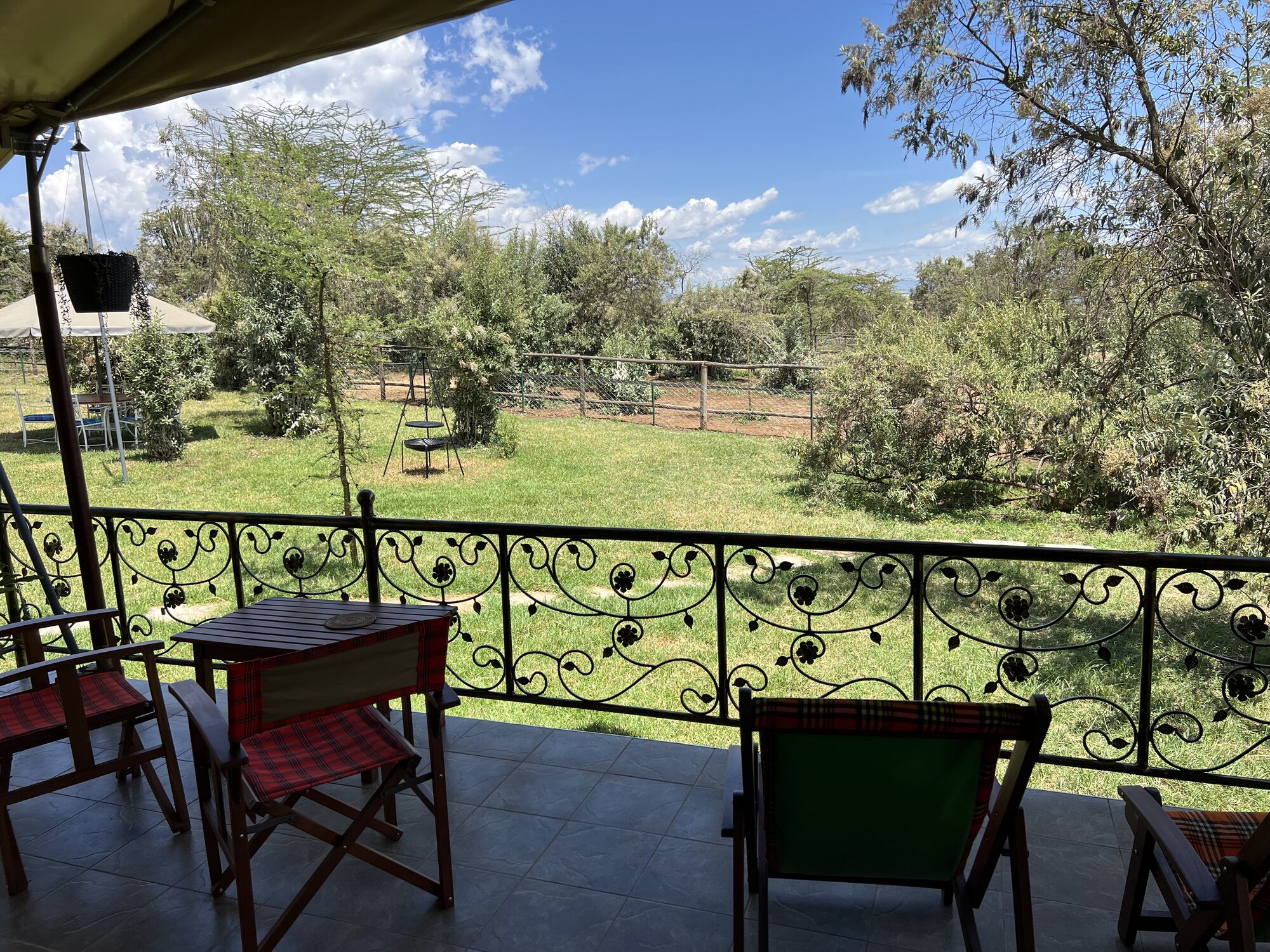 Shaded veranda with deck chairs looking out over the grounds