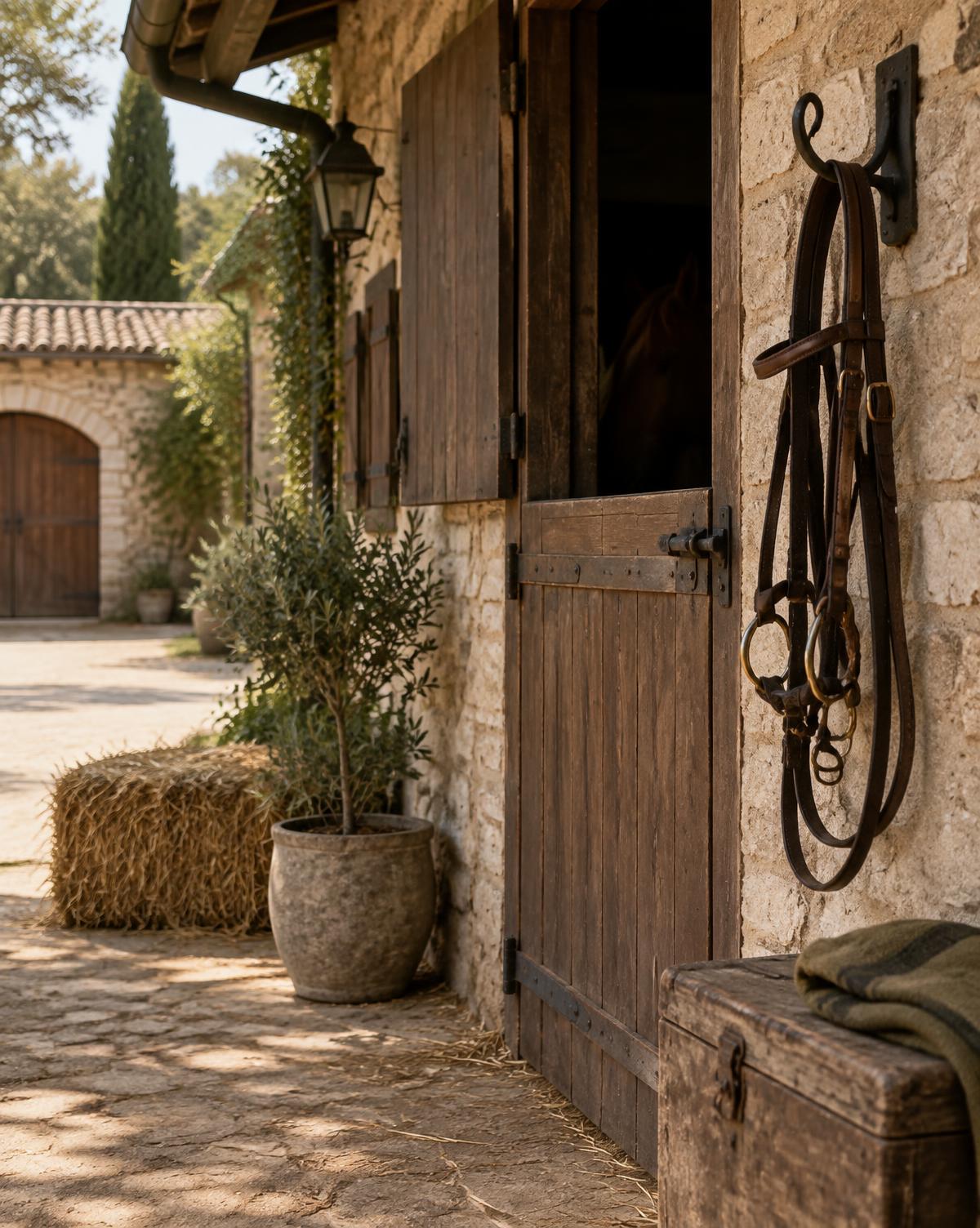 Placeholder photograph of a rustic stable yard with a leather bridle
