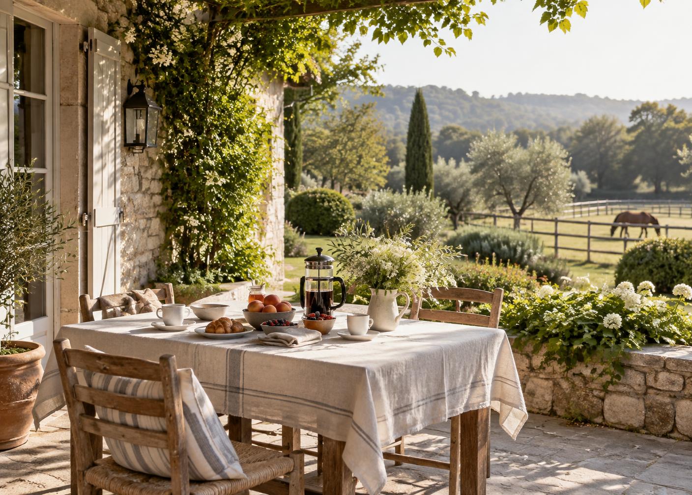 Placeholder photograph of breakfast on a country terrace overlooking a paddock
